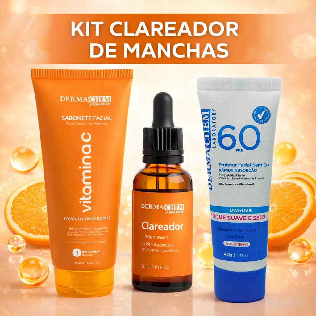 Kit Clareador de Melasma Manchas Vitamina C Sérum Clareador Protetor Solar Sabonete Facial SkinCare