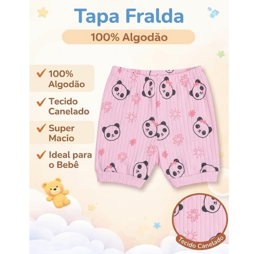 Shorts Bebê Tapa Fralda Canelado 100% Algodão – Confortável com Elástico | Menino e Menina