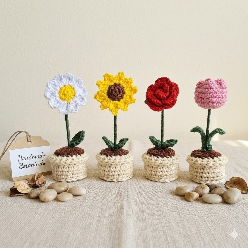 Kit 4 / 5 Flores com Vasinho em amigurumi/crochê ♡ >>MONTE SEU KIT!!<< ♡
