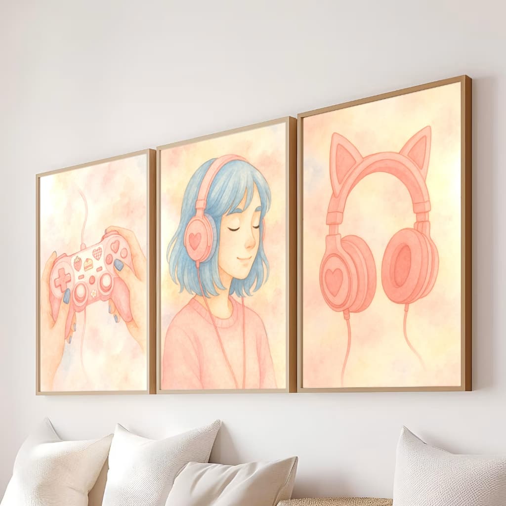 Quadro Decorativo menina fones de ouvido controle de videogame Decoração para quartos e salas