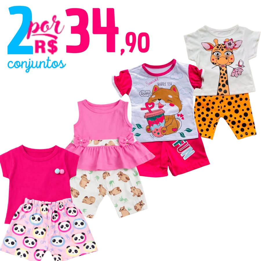 Kit Sortido 4 Peças Roupa de Bebê Menina-2 Camisetas+2 Shorts-2 Conjuntos Roupinhas Para Bebê Menina