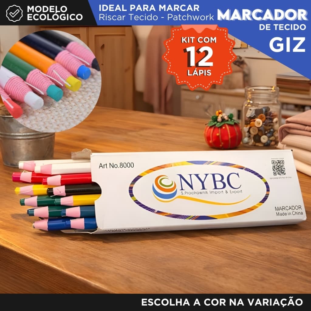 Kit Marcador de Tecido - 12 Lápis - Costura Patchwork - Modelagem - Risco Apagável Alta Precisão- AV