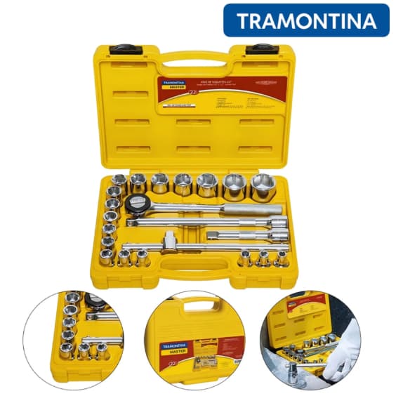 Jogo de Soquetes 1/2 22 Peças Estriado Catraca Extensão Profissional Kit Completo