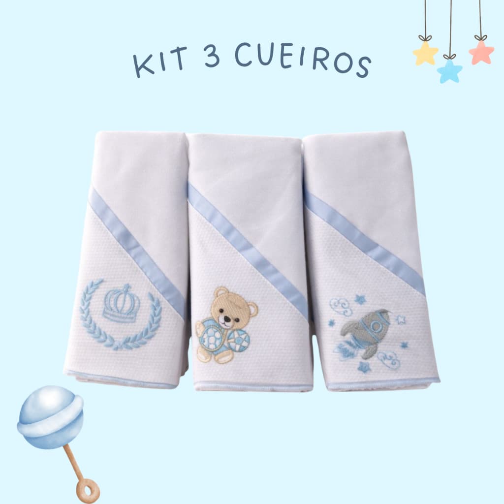 Kit Cueiro Flanelado Bordado 3 Peças 100% Algodão Enxoval Bebê Reborn Mamãe Reborn