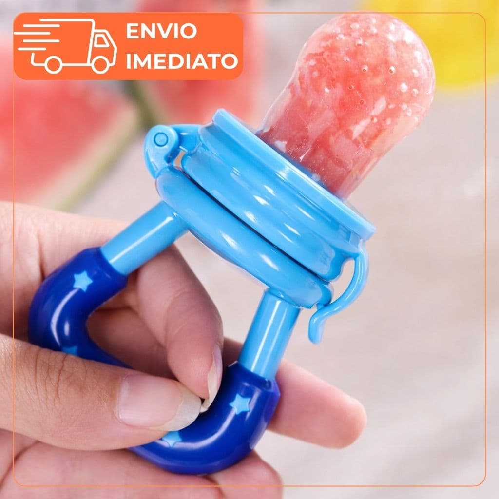 Chupeta Alimentação Infantil Mordedor Bebê Silicone Porta Frutas Introdução Alimentar Azul e Rosa