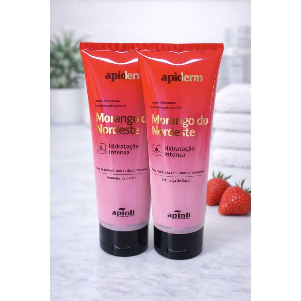 Kit c/ 2 Loção Hidratante Corporal Morango 190g Apiderm Creme Corporal Hidratação Intensa Pele Macia
