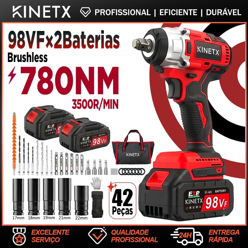 Chave de Impacto Parafusadeira Furadeira 98Vf 2 Baterias 780NM 42 Peças Elétrica Sem Fio Motor Brushless