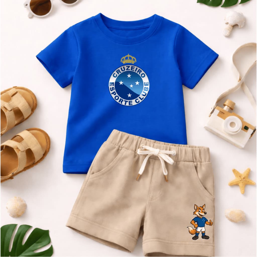 Conjunto Infantil Cruzeiro Para Meninos Estiloso de Verão - Camiseta Manga Curta e Bermuda de Moletom Estampa Esportiva