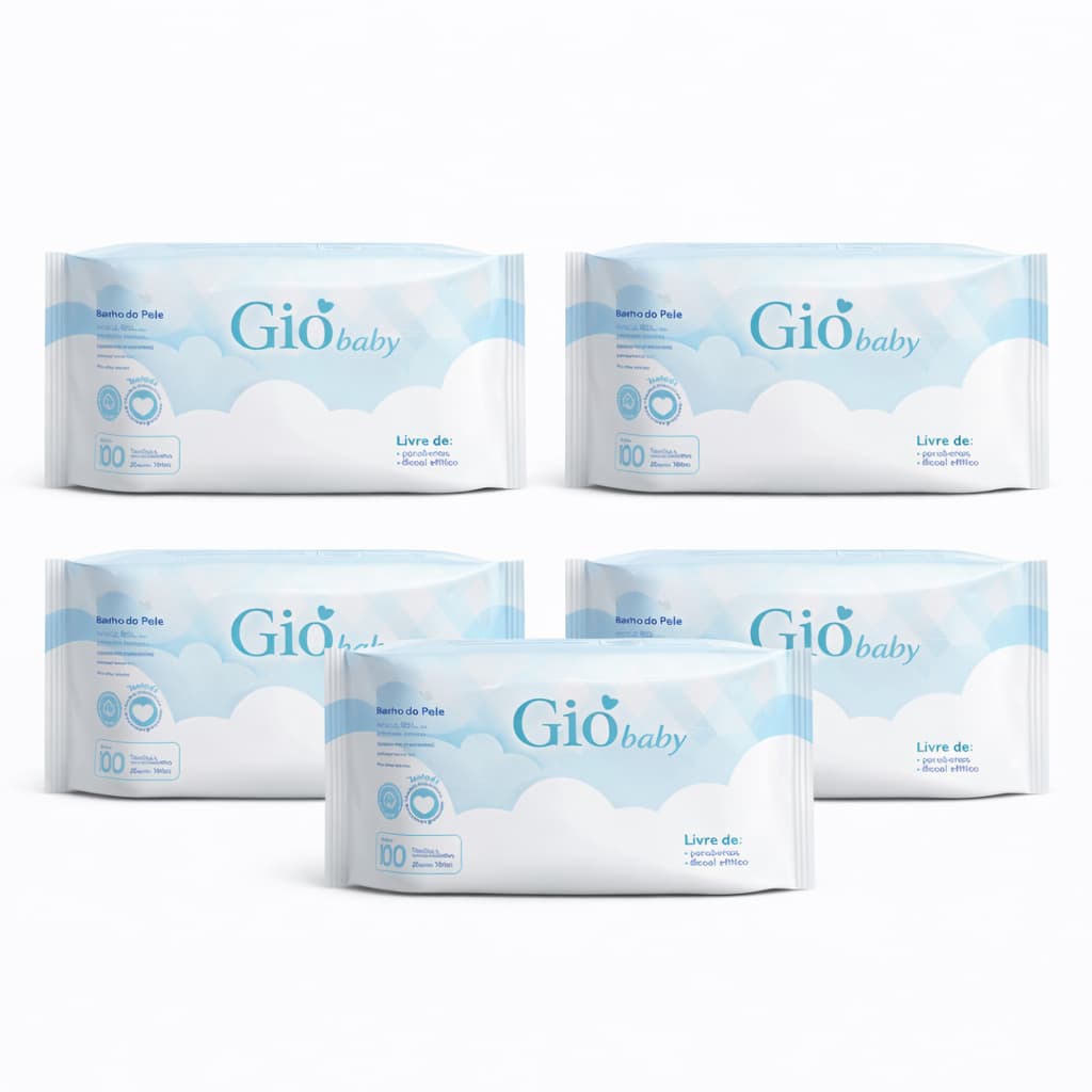 Kit 5 Toalhas Umedecidas Gió Baby 100 Folhas 98% Água Lenço Umedecido