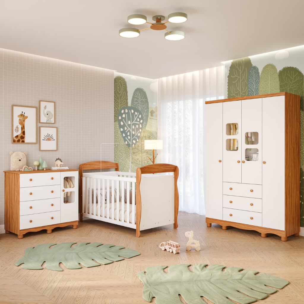 Quarto Bebê Completo Berço Americano Marquesa 3em1 Guarda Roupa 4 Portas Cômoda Uli 100% MDF Faura