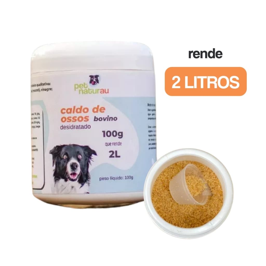 Caldo de ossos bovino desidratado para cães que rende 2 L rico em colágeno, beneficia saúde digestiva e hidrata