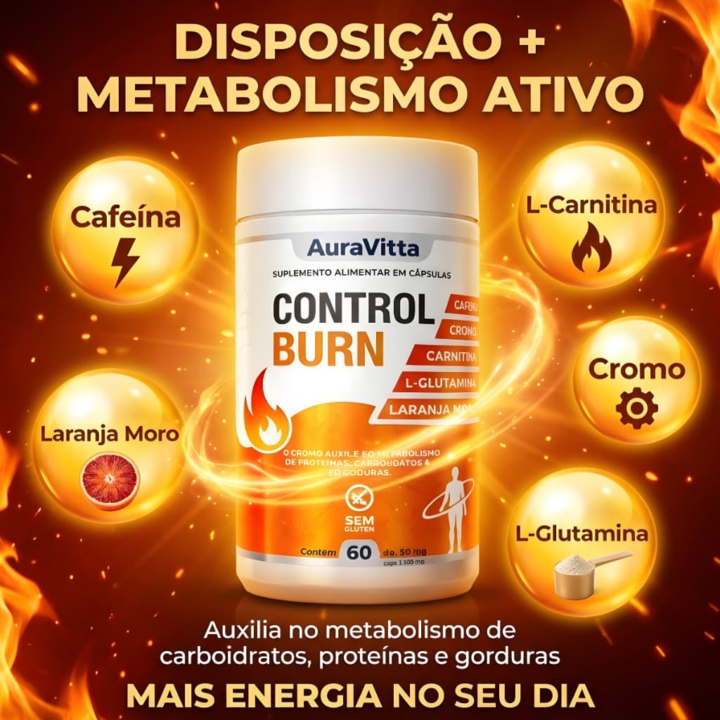 Termogenico Control Burn Cafeina Energia Metabolismo L Carnitina Cromo suplemento Pre Treino 60 Cáps