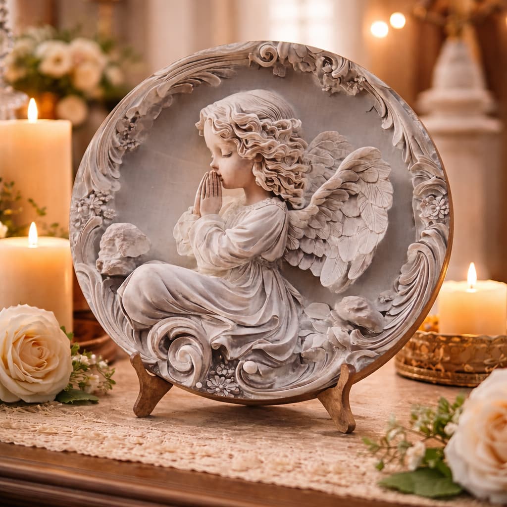 decoração Religiosa placa decorativa redondo com suporte para mesa e prateleira 20cm de diametro
