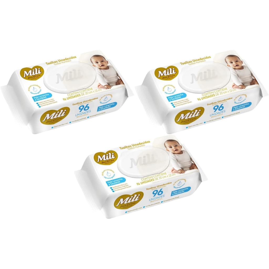 Kit 03 Toalhas Umedecidas Mili Love Care Com 96 UN - Mili