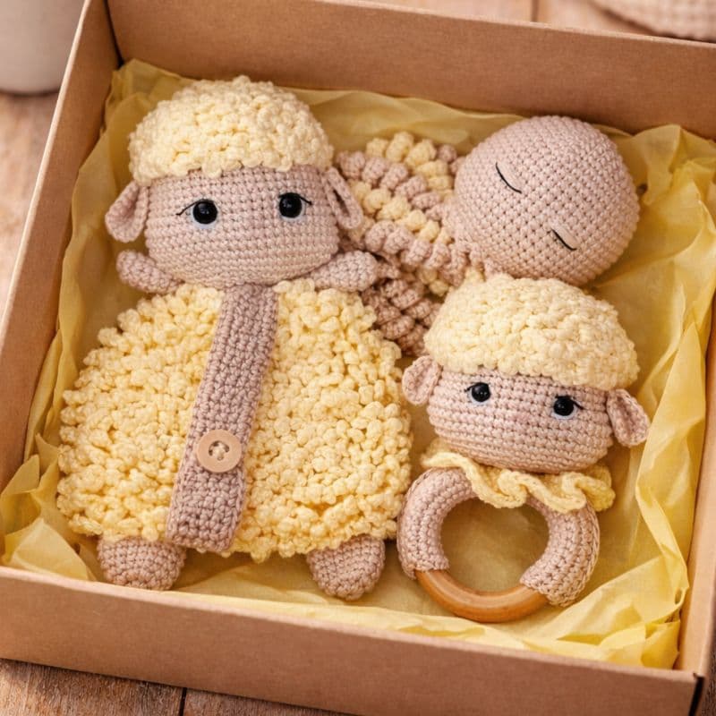 Kit Naninha de Urso Amigurumi 3 Peças com Chocalho e Polvo Crochê Enxoval Bebê Maternidade