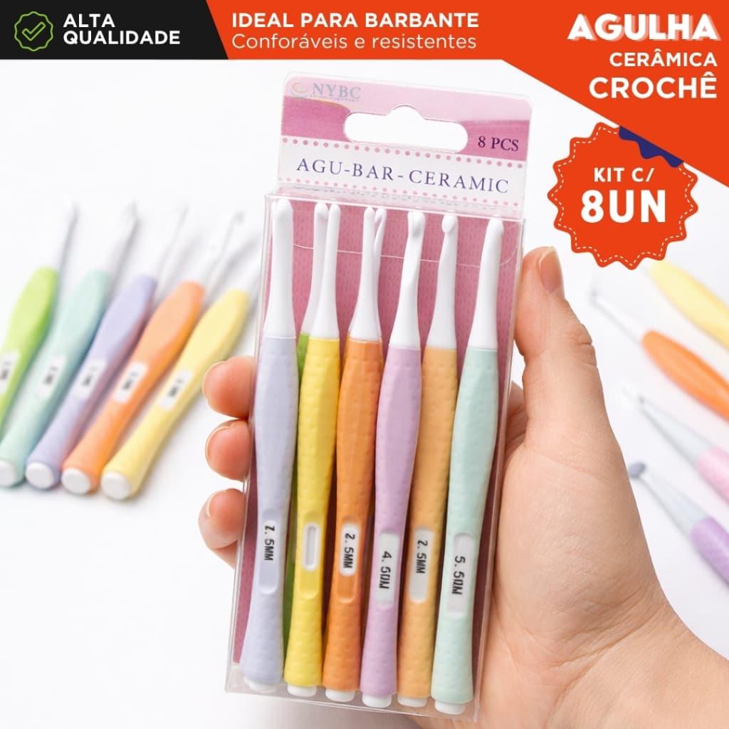 Kit Agulha de Crochê Cerâmica Kit 8 Peças Coloridas Macia Confortável para Barbante e Lã - BARUCH