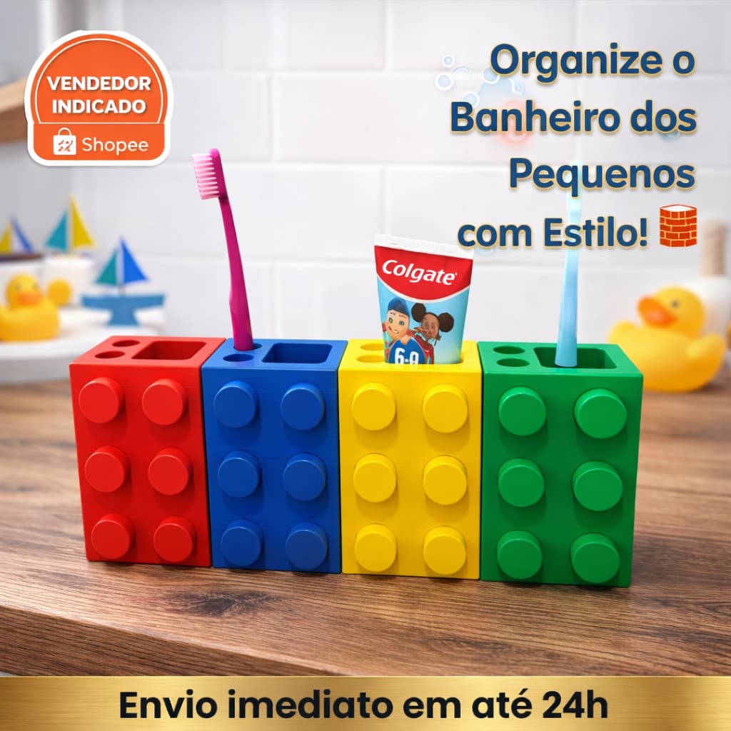 Porta Escova de Dente e Pasta Estilo Lego Infantil Bloco de Montar Organizador de Banheiro Criativo Envio 24hs