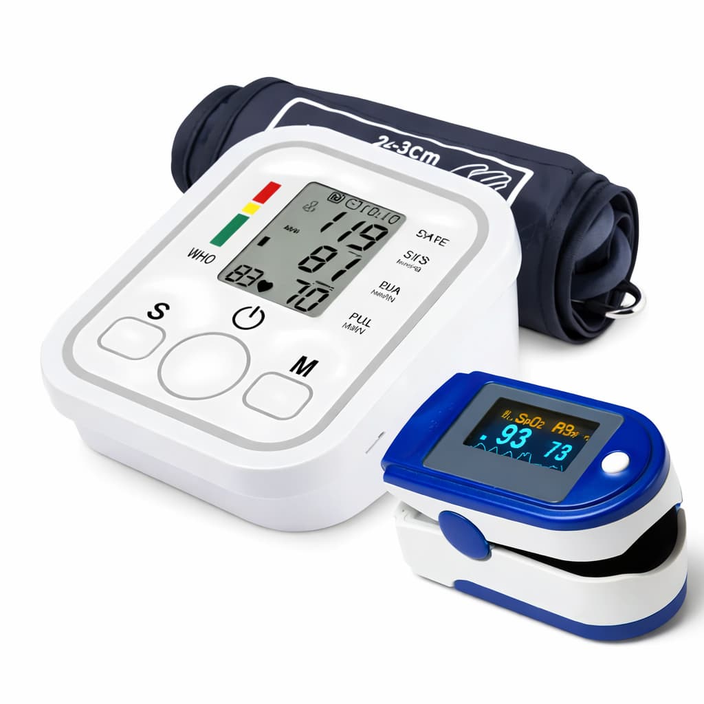 KIT SAÚDE COMPLETO Aparelho de Pressão Digital Automático + Oxímetro de Dedo | Mede Batimentos, Detecta Arritmias e Fala