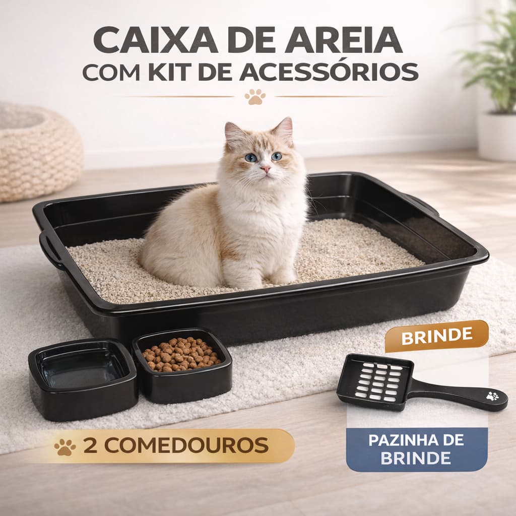 Kit Caixa de Areia Gato + 2 Comedouros + Pá  | Banheiro Completo Pet Higiênico