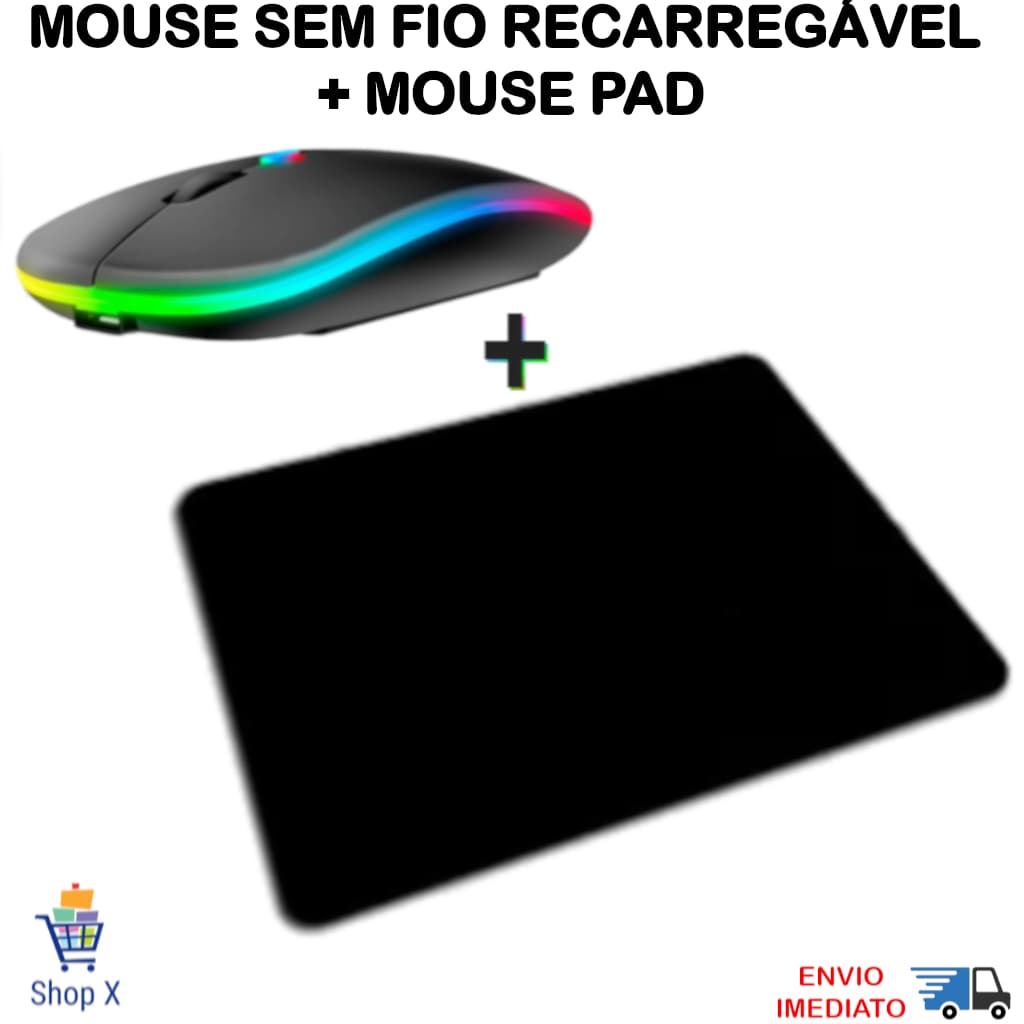 Kit Mouse Sem Fio Recarregável Mousepad Sortido - Mouse Bluetooth Wireless RGB Ergonômico Silencioso