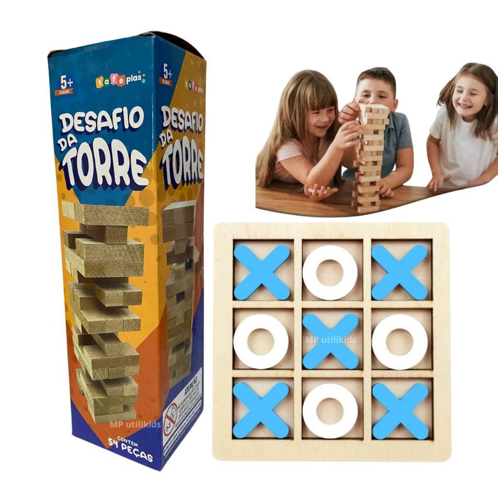 Kit Jogo da Velha Tabuleiro Caiu Perdeu Torre Madeira 54 peças Brinquedos Didatico Jogos em Familia