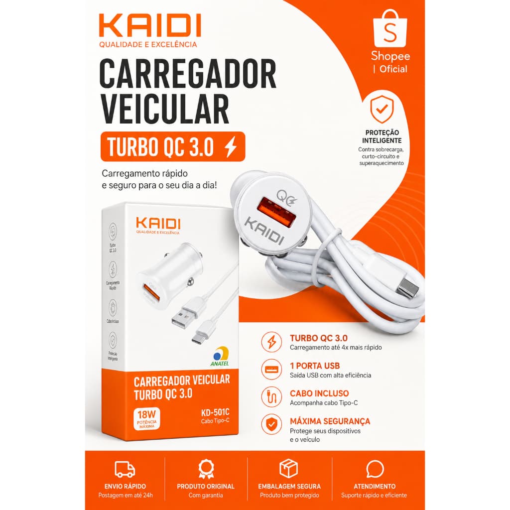 Carregador Veicular Turbo QC 3.0 18W Kaidi + Cabo Tipo-C | Carregamento Rápido