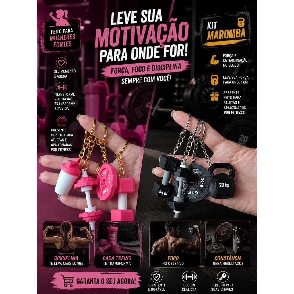 Chaveiro Academia 3D Kit Maromba (Halter + Anilha + Kettlebell) Presente Fitness Masculino e Feminino