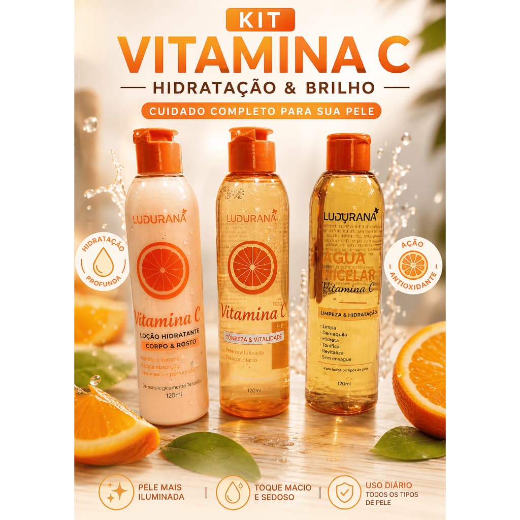 Kit Vitamina C Ludurana Hidratação Brilho e Limpeza Facial Uso Diário