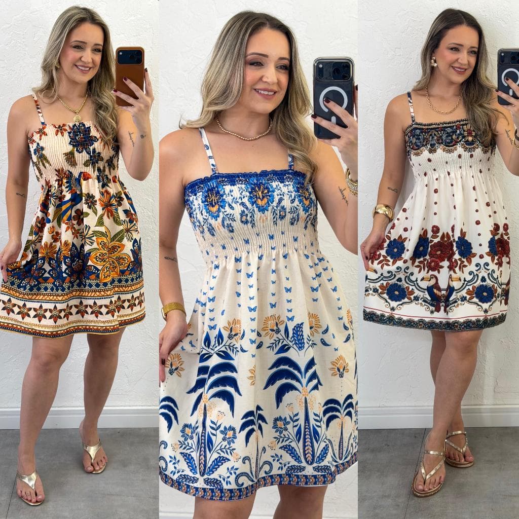 Vestido Feminino Curto Estampado Com Alça De Regulagem e Elastex