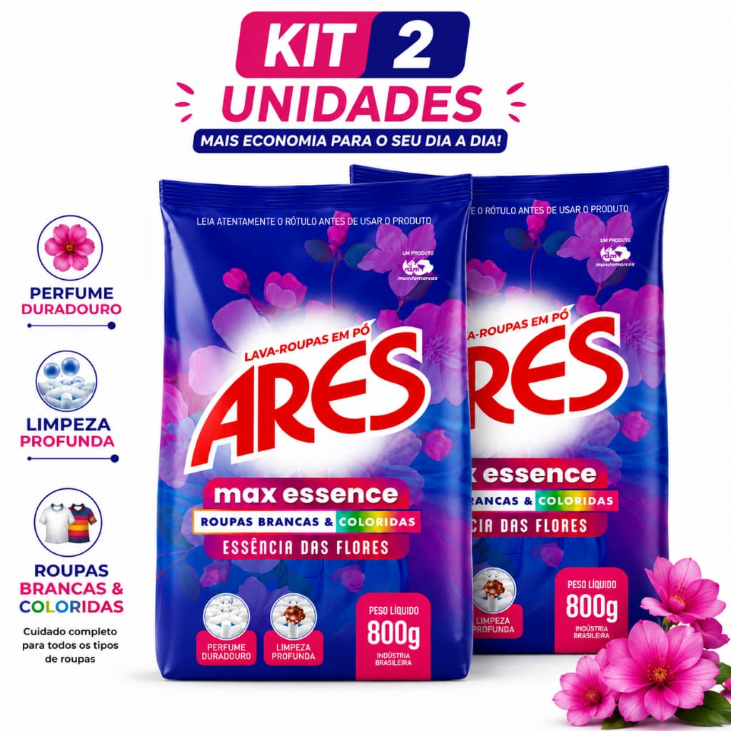 Kit 2 Sabão em Pó Lava Roupas Profissional Max Essence ARES 800g