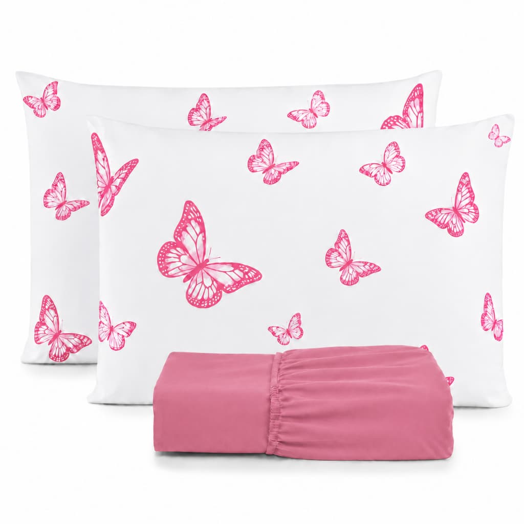 Jogo de Lençol Borboleta Pink Casal Queen King 3 Peças Poliéster Diversas Cores