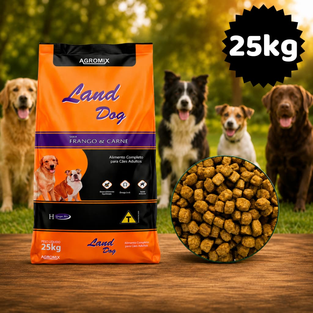 Ração para Cães Adultos Land Dog 18% 25kg Sabor Carne e Frango (APENAS 1UN POR PEDIDO)