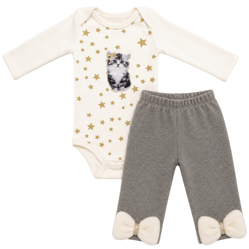 Conjunto Bebê Menina Luxo Body Manga Longa Estrelas Gatinha Calça Mijão Com Laço Peluciado Roupa Bebê Menina Inverno
