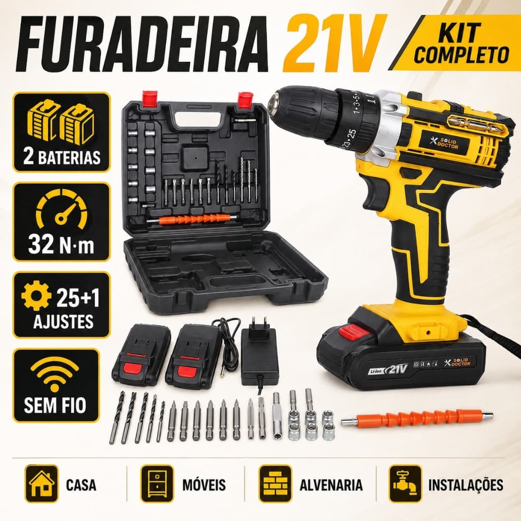 Furadeira Parafusadeira de Impacto 21V Sem Fio 2 Baterias 32Nm Mandril 10mm Kit Completo