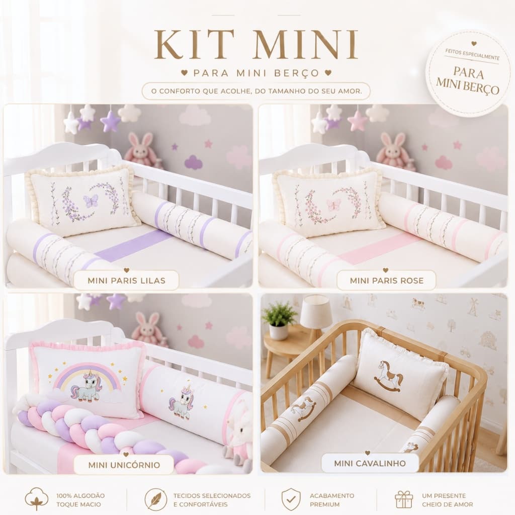 Kit Mini Berço Lepetit Veneza Menina Bordado 100% Algodão lençol Elástico Mosquiteiro Menino Luxo