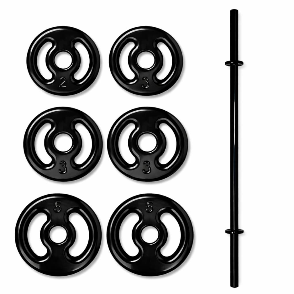 KIT BARRA DE ACADEMIA COM 2 ANILHAS DE 5KG 2 DE 3KG E 2 DE 2KG MUSCULACAO TREINO FORCA CONDICIONAMENTO FISICO COMPLETO