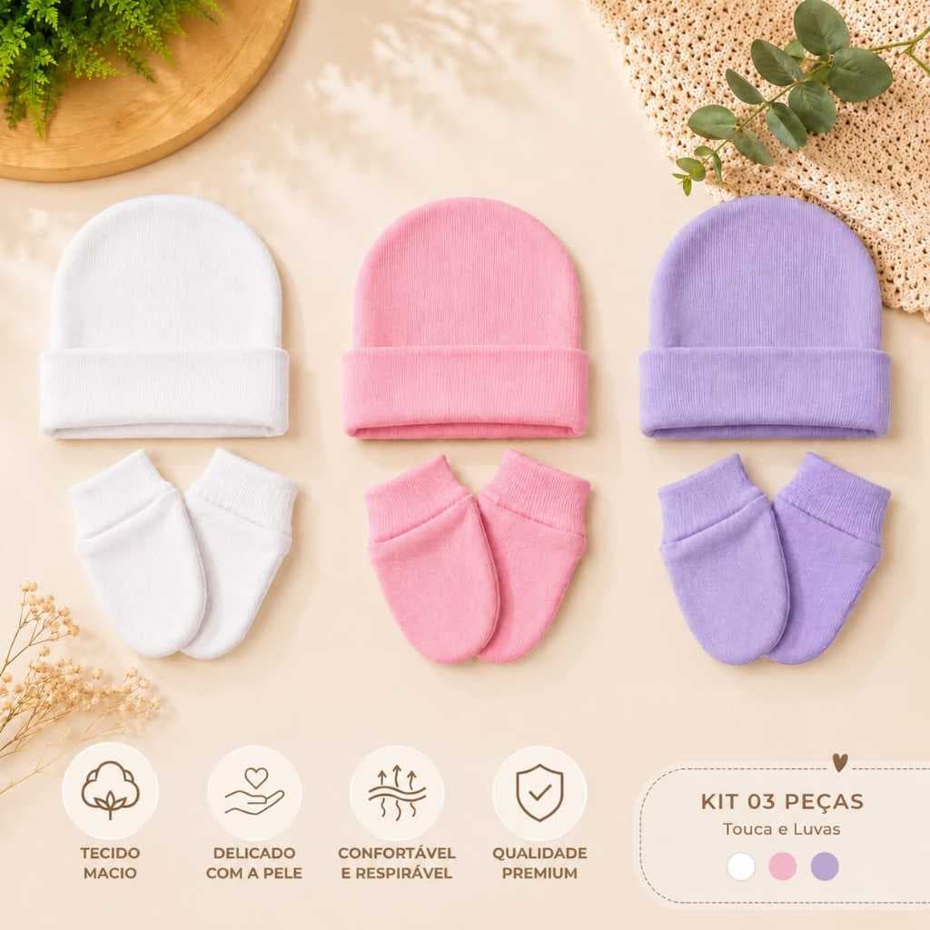 Kit 3 Toucas + 3 Pares de Luvas Bebê Recém Nascido Saida Maternidade Enxoval Algodão Premium Confort