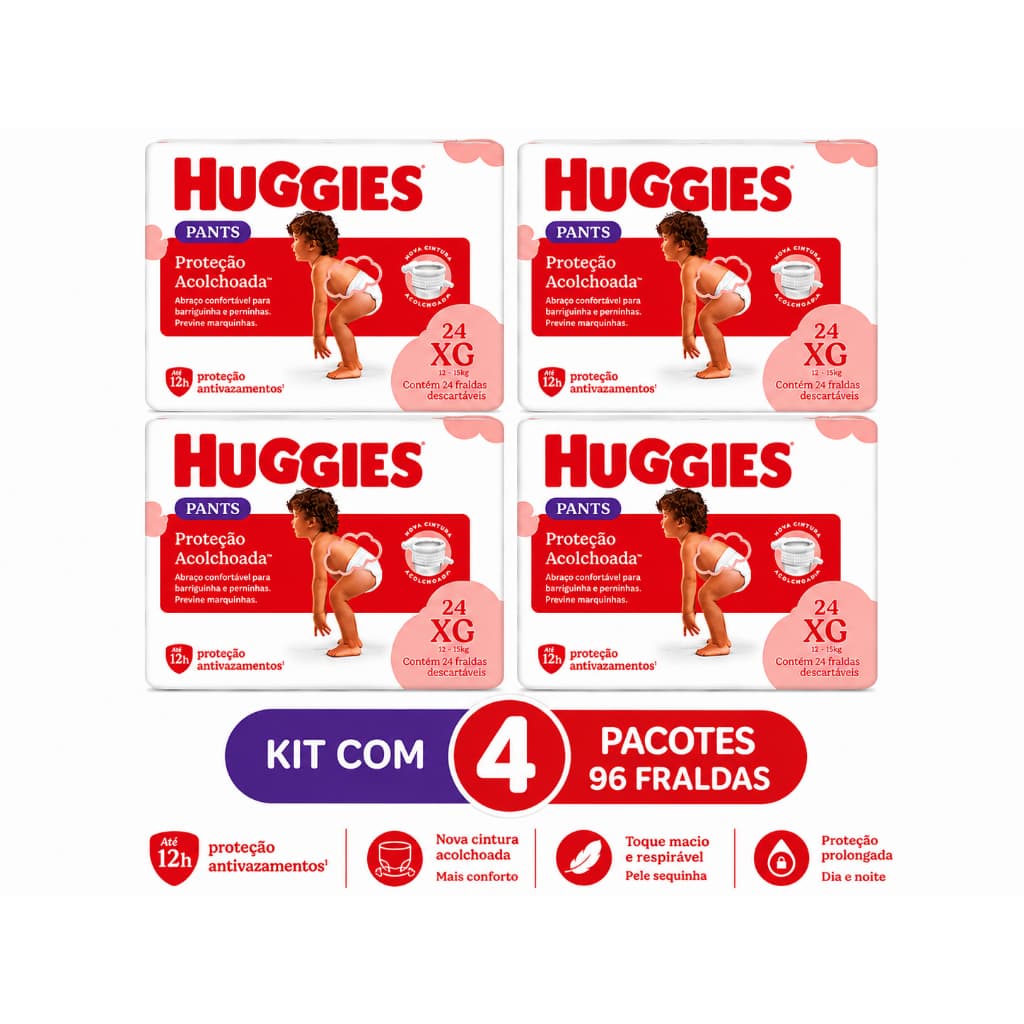 Kit Fralda Infantil 4 Pacotes Huggies Pants XG 24 Un Proteção Acolchoada Original