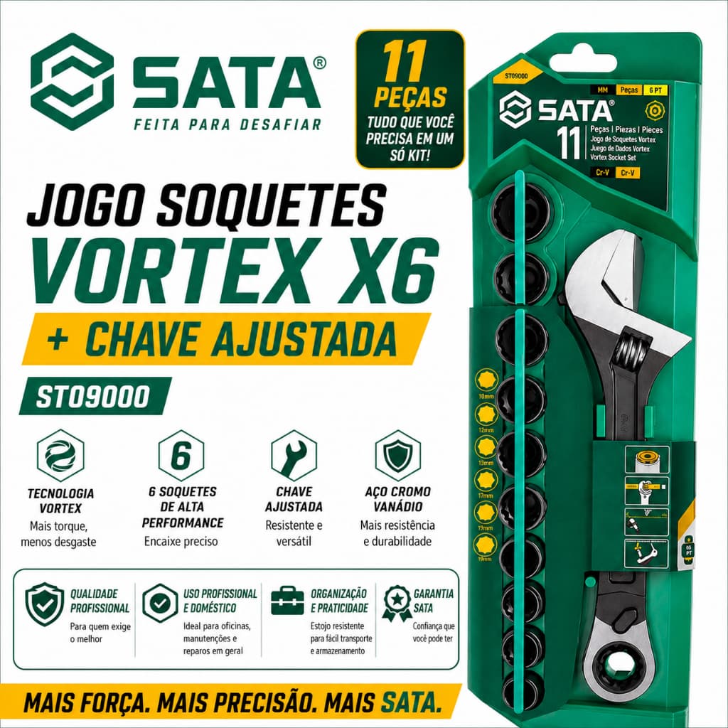 Jogo De Soquete 10 a 19mm Com Chave Catraca Ajustável Sata ST09000