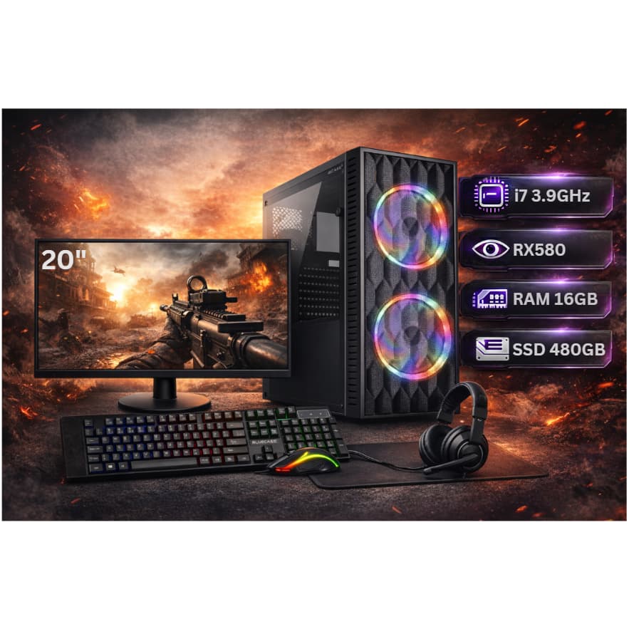 Computador Gamer Intel Core i7 + RX580 8GB + SSD 480GB + 16GB de RAM + Monitor 20"