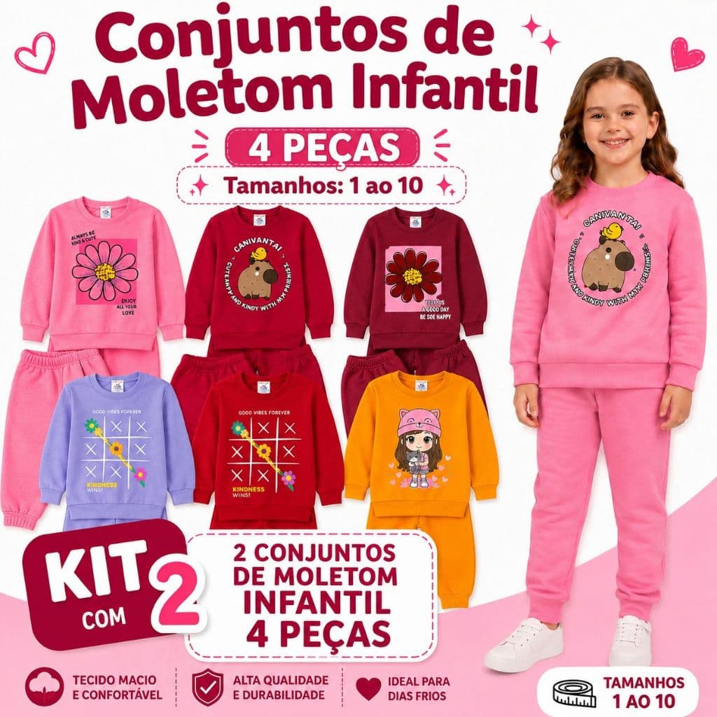 Kit 4 peças / 2 Conjuntos Moletom Peluciado Sortido Infantil Inverno Menina Roupa Infantil Quentinho Tamanho 1 ao 10