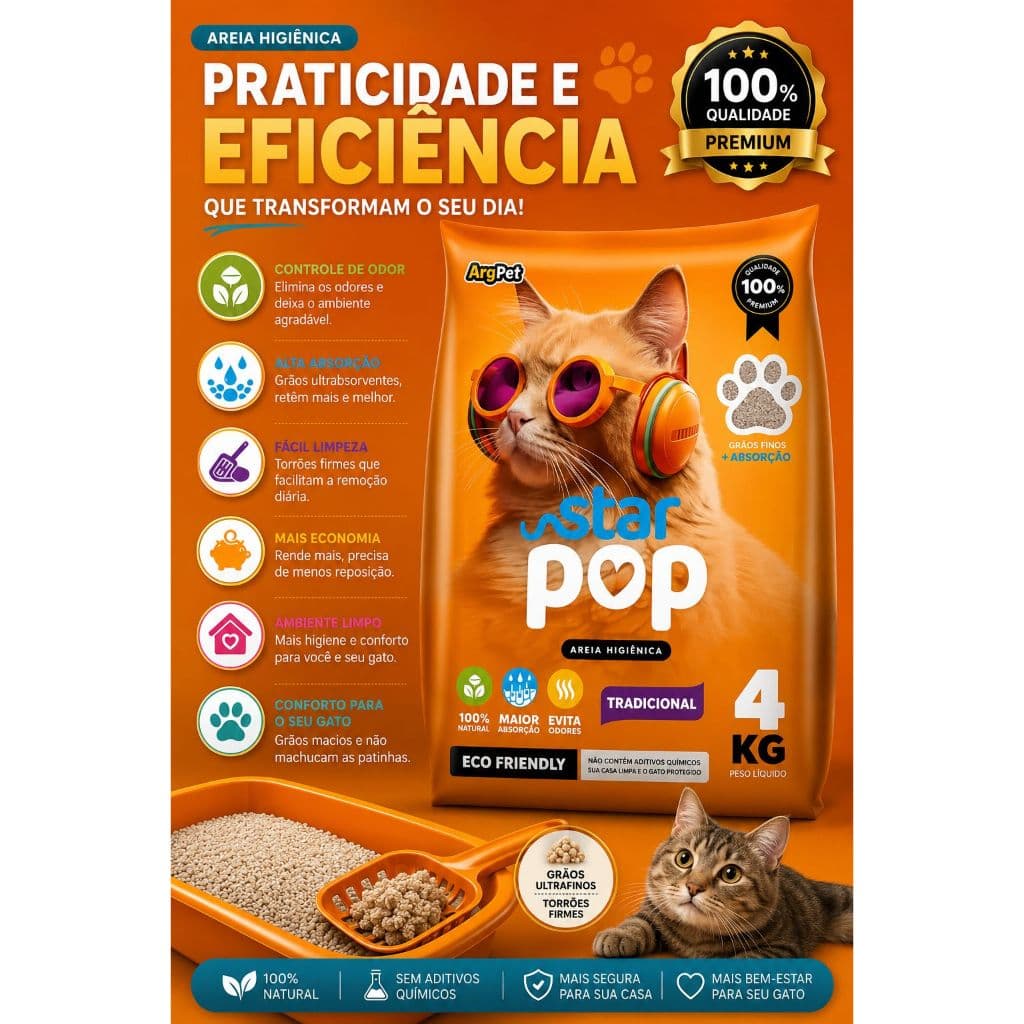 Areia Sanitária Gato Natural Argila Absorvente Ecológica (Antiodor) - Star Pop Tradicional - 20Kg