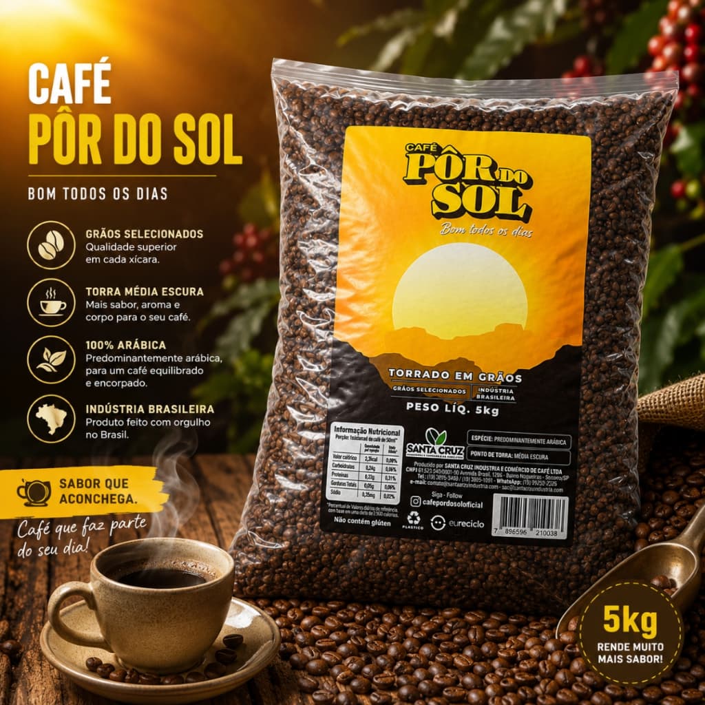 Pacote De Café Em Grãos Para Moer 5Kg Por do Sol Arábica Torrado Torra Média Escura