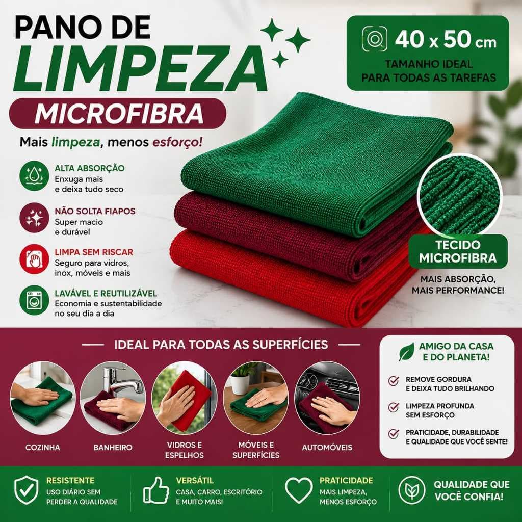 Kit 5 ou 10 Panos Microfibra Multiuso 40x50 Limpeza Pesada Vidro Carro Cozinha Banheiro