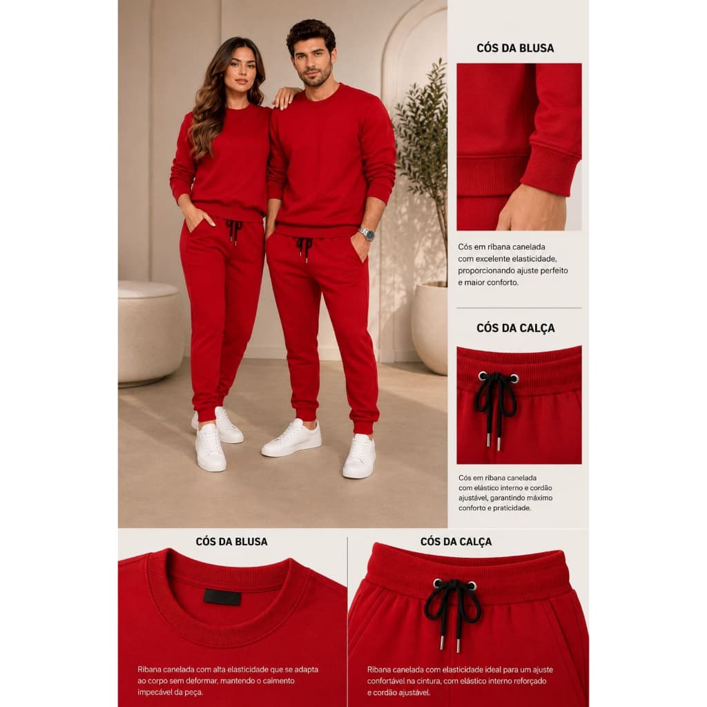 Conjunto Moletom Gola Careca Unissex - 1 Calça + 1 Blusa Sem Capuz Flanelado Feminino e Masculino