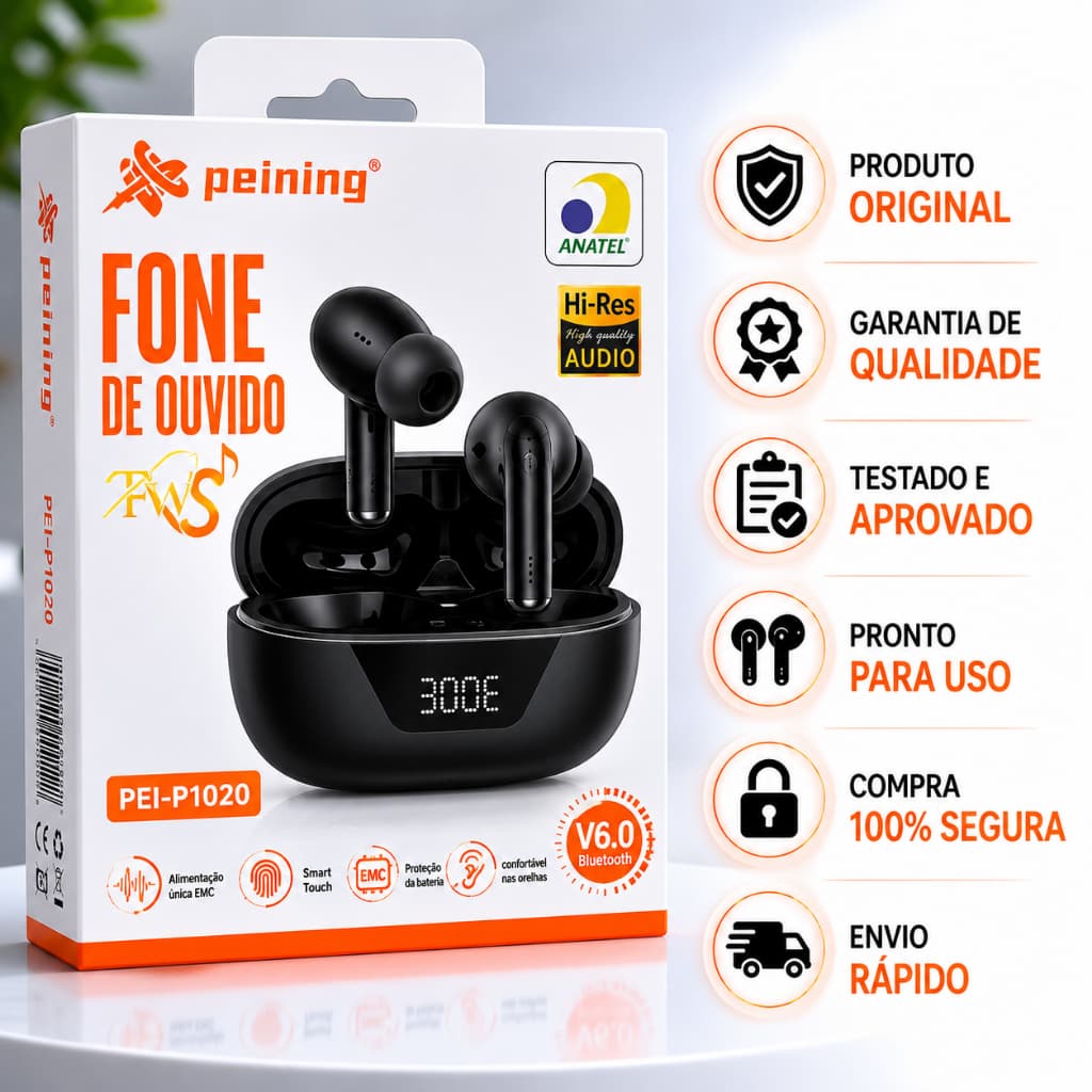 Fone de ouvido Bluetooth Sem Fio Peining Fone Bluetooth Sem Fio TWS Bluetooth 6.0 Som HD Display LED Touch AndroidiPhone