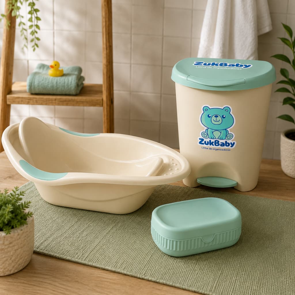 Kit Para Banho Quarto Bebê Baby Menino Menina Banheira Saboneteira E Lixeira Verde