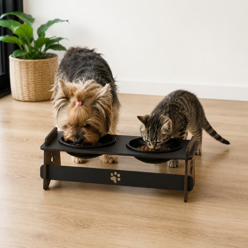 Comedouro Pet Elevado Inclinável MDF Cães Gatos 2 Tigelas Potes com Tampa Ração Água Pronta Entrega