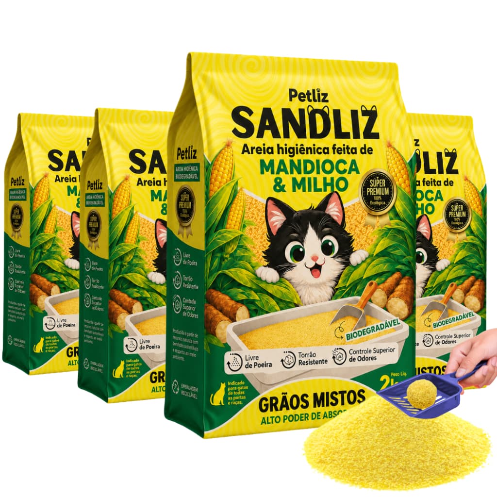 Kit 4 Areia Sanitária Higiênica Natural Premium Grãos Mistos Milho Mandioca Gato Sandliz Petliz 2 kg