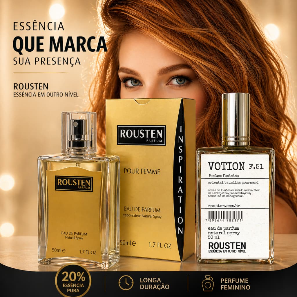 PERFUME FEMININO E COMPARTILHADO 50 ML INSPIRAÇÃO IMPORTADOS 20% ESSÊNCIA PURA LONGA DURAÇÃO ROUSTEN